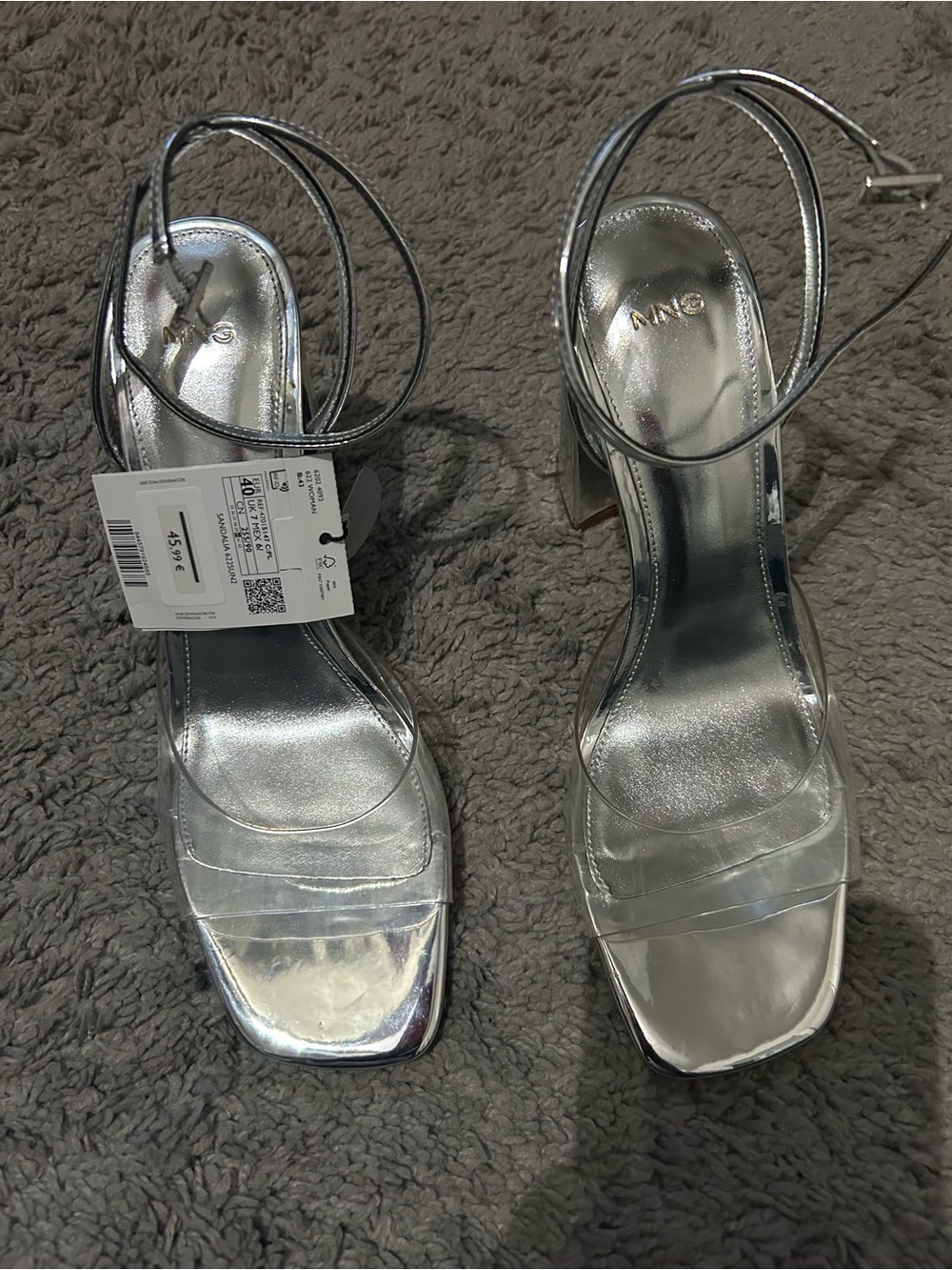Mango Silver Metallic Ankle-Tie Block Heel Sandals